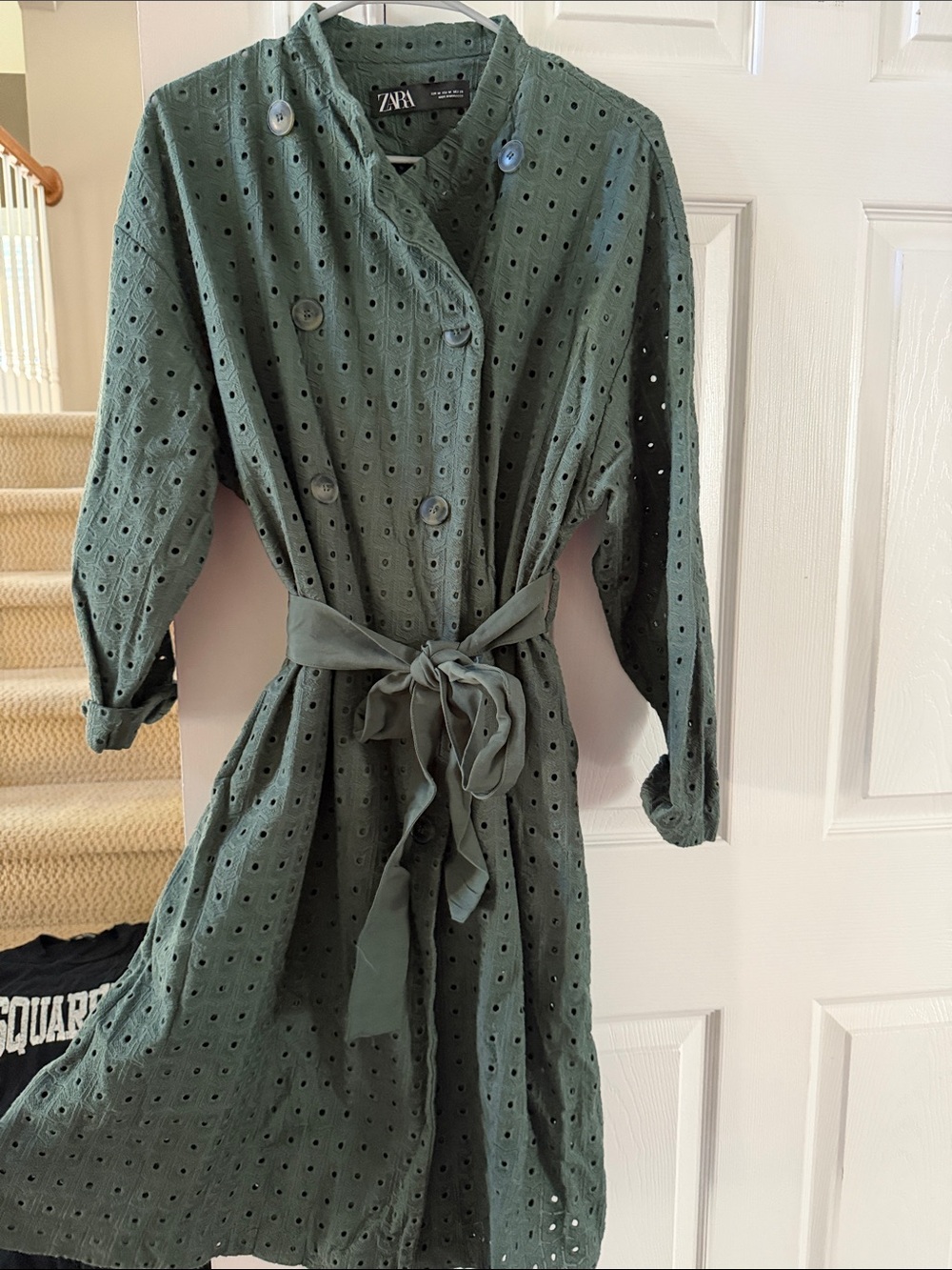 ZARA Green Eyelet Belted Midi COAT